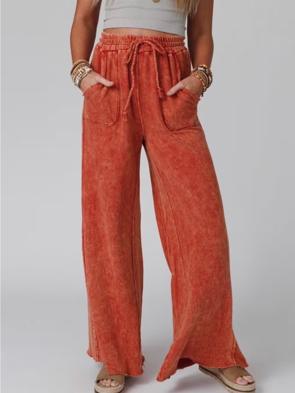 Relaxing Robin Wide-Leg Drawstring Pants - Rust Orange
